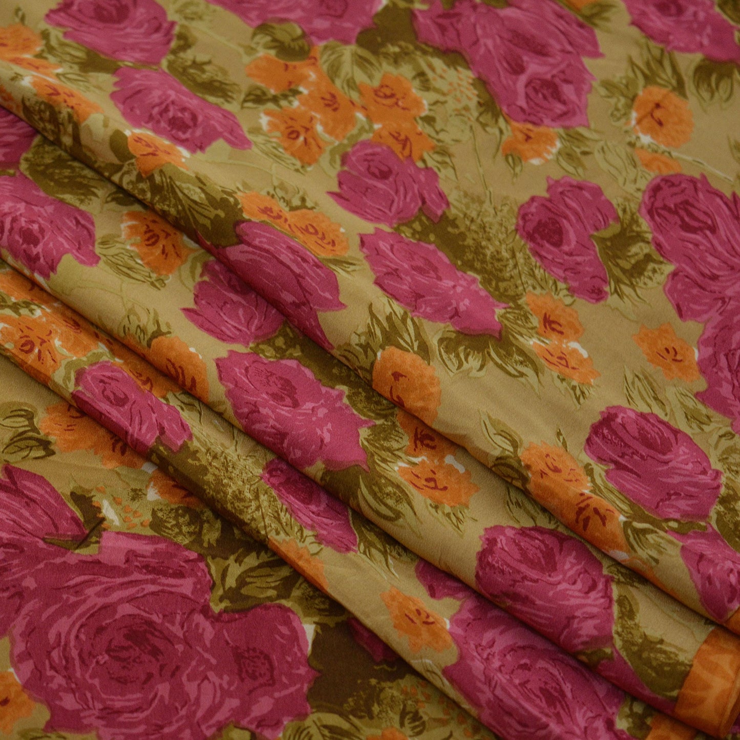 Indian Vintage Sari Beige Pure Crepe Silk Printed Sarees 5yd Sewing Floral Soft Craft Fabric Wrap Dress making Upcycle Crafting Quilting