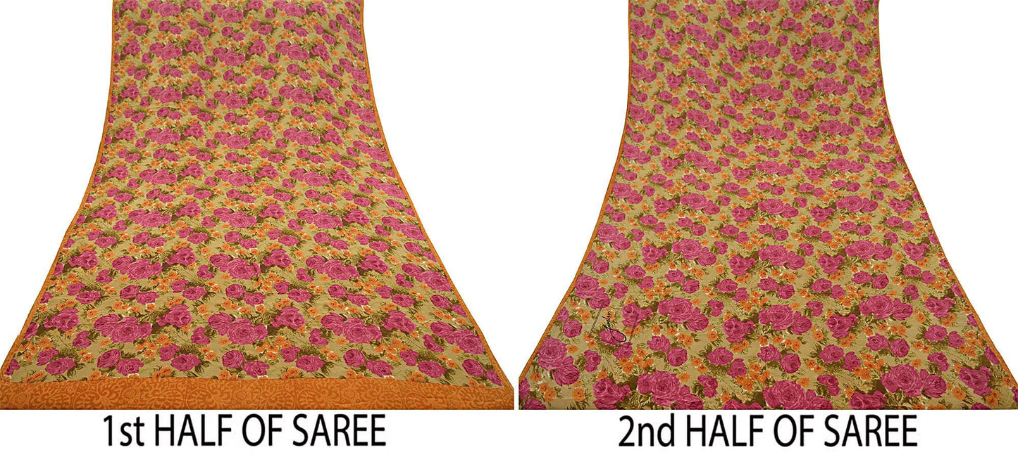 Indian Vintage Sari Beige Pure Crepe Silk Printed Sarees 5yd Sewing Floral Soft Craft Fabric Wrap Dress making Upcycle Crafting Quilting