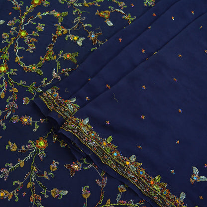 Indian Vintage Heavy Sarees Navy Blue Pure Georgette Silk Hand Embroidered Sari Fabric 5Yd Sewing Ethnic Zardozi/dabka zari Wedding sarees