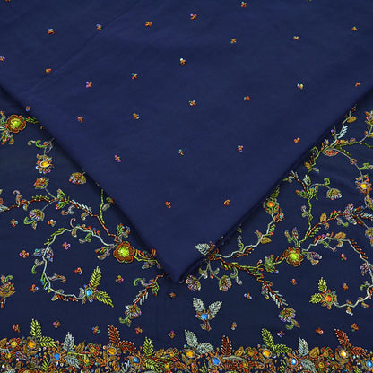 Indian Vintage Heavy Sarees Navy Blue Pure Georgette Silk Hand Embroidered Sari Fabric 5Yd Sewing Ethnic Zardozi/dabka zari Wedding sarees