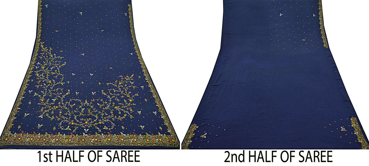 Indian Vintage Heavy Sarees Navy Blue Pure Georgette Silk Hand Embroidered Sari Fabric 5Yd Sewing Ethnic Zardozi/dabka zari Wedding sarees