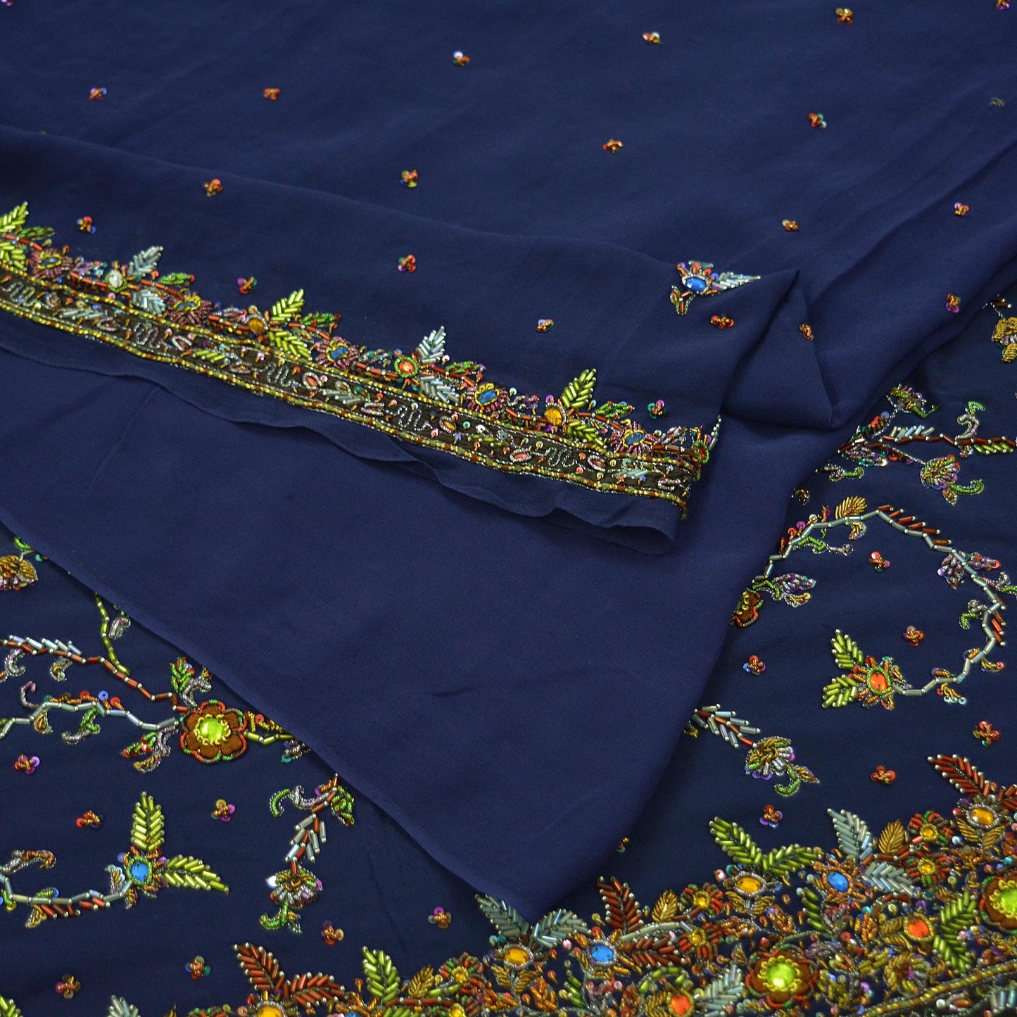 Indian Vintage Heavy Sarees Navy Blue Pure Georgette Silk Hand Embroidered Sari Fabric 5Yd Sewing Ethnic Zardozi/dabka zari Wedding sarees