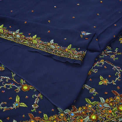 Indian Vintage Heavy Sarees Navy Blue Pure Georgette Silk Hand Embroidered Sari Fabric 5Yd Sewing Ethnic Zardozi/dabka zari Wedding sarees