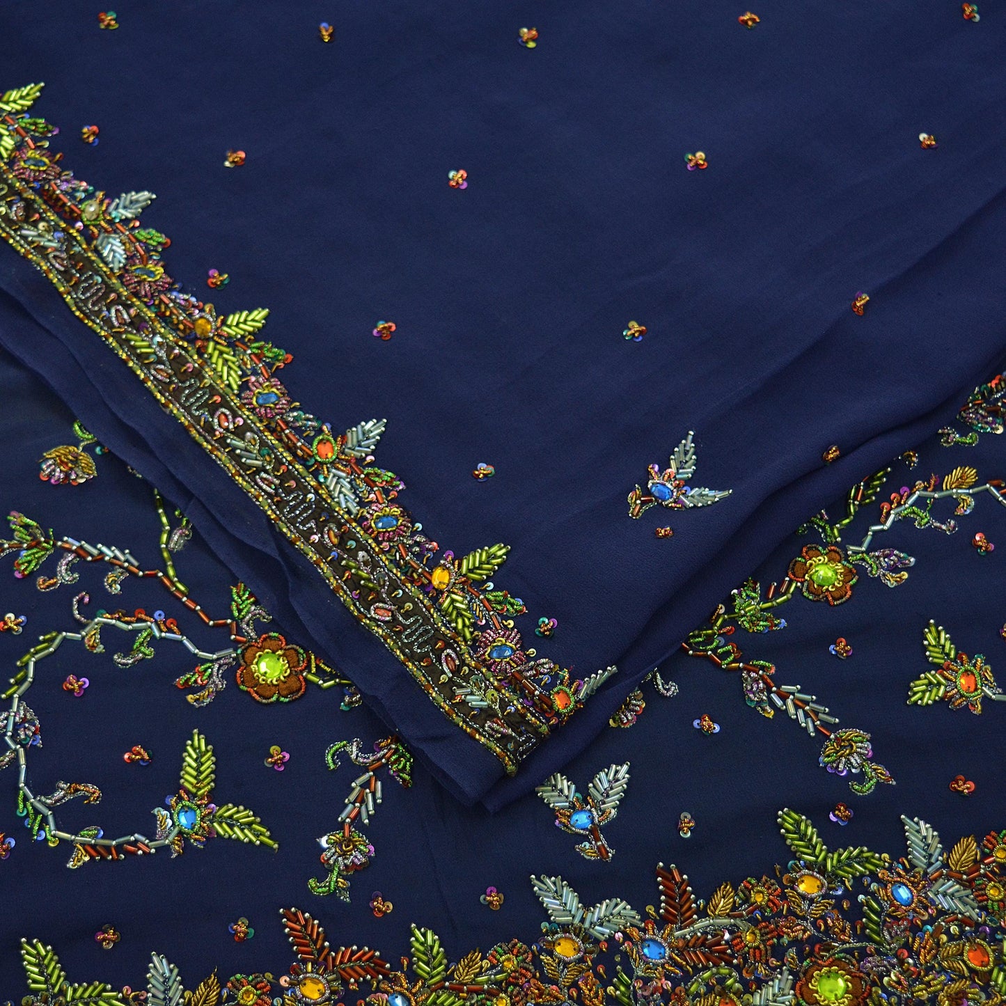 Indian Vintage Heavy Sarees Navy Blue Pure Georgette Silk Hand Embroidered Sari Fabric 5Yd Sewing Ethnic Zardozi/dabka zari Wedding sarees