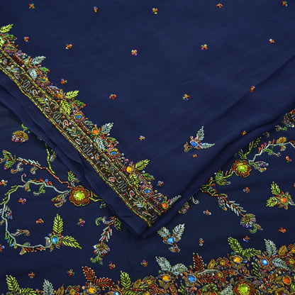 Indian Vintage Heavy Sarees Navy Blue Pure Georgette Silk Hand Embroidered Sari Fabric 5Yd Sewing Ethnic Zardozi/dabka zari Wedding sarees