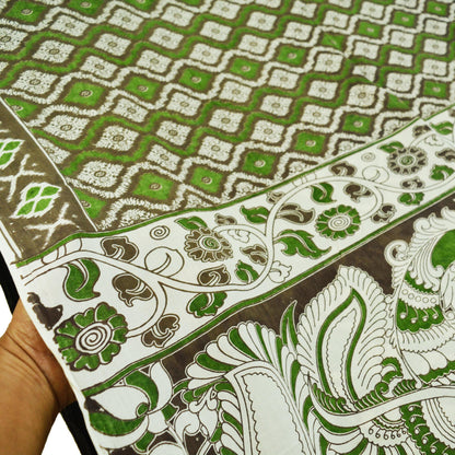 Indian Vintage Sari Green & Ivory Kalamkari Printed Pure Cotton Saree Fabric Soft Floral 5Yd Sarong Wrap Fabric Peacock