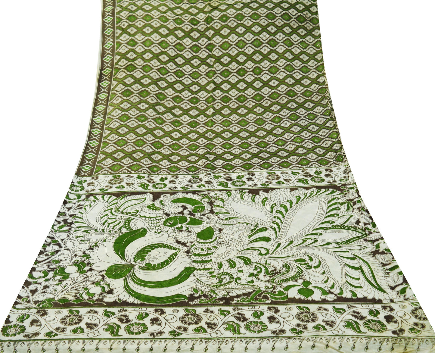 Indian Vintage Sari Green & Ivory Kalamkari Printed Pure Cotton Saree Fabric Soft Floral 5Yd Sarong Wrap Fabric Peacock