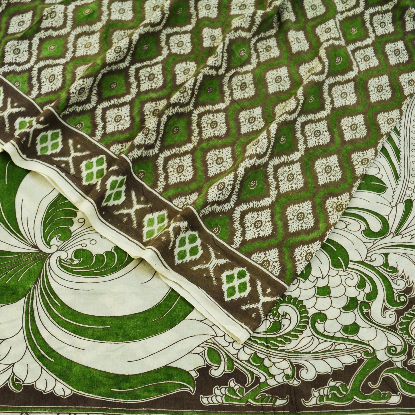 Indian Vintage Sari Green & Ivory Kalamkari Printed Pure Cotton Saree Fabric Soft Floral 5Yd Sarong Wrap Fabric Peacock