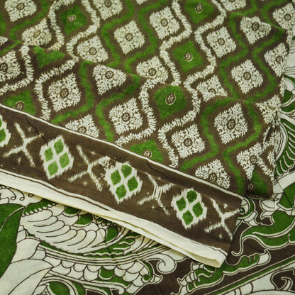 Indian Vintage Sari Green & Ivory Kalamkari Printed Pure Cotton Saree Fabric Soft Floral 5Yd Sarong Wrap Fabric Peacock