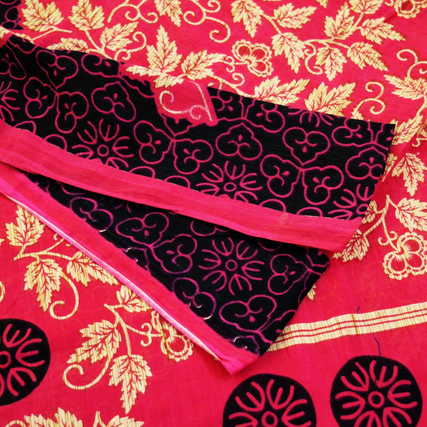 Indian Vintage Sari Ivory & Pink Printed Blend Cotton Saree Craft Soft Fabric 5Yard Sewing Sarong Wrap Boho Floral