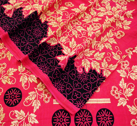 Indian Vintage Sari Ivory & Pink Printed Blend Cotton Saree Craft Soft Fabric 5Yard Sewing Sarong Wrap Boho Floral