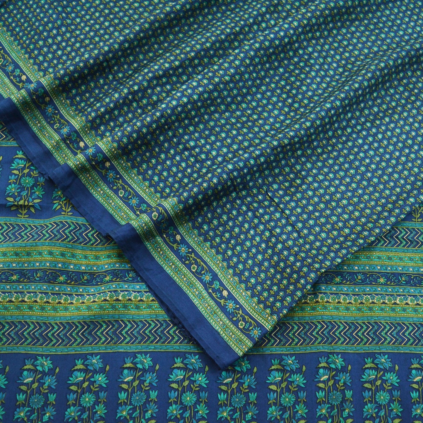 Indian Vintage Sari Blue Pure Silk Printed Saree 5yd Sewing Craft Fabric DressMaking Soft Wrap Floral Quilting Used