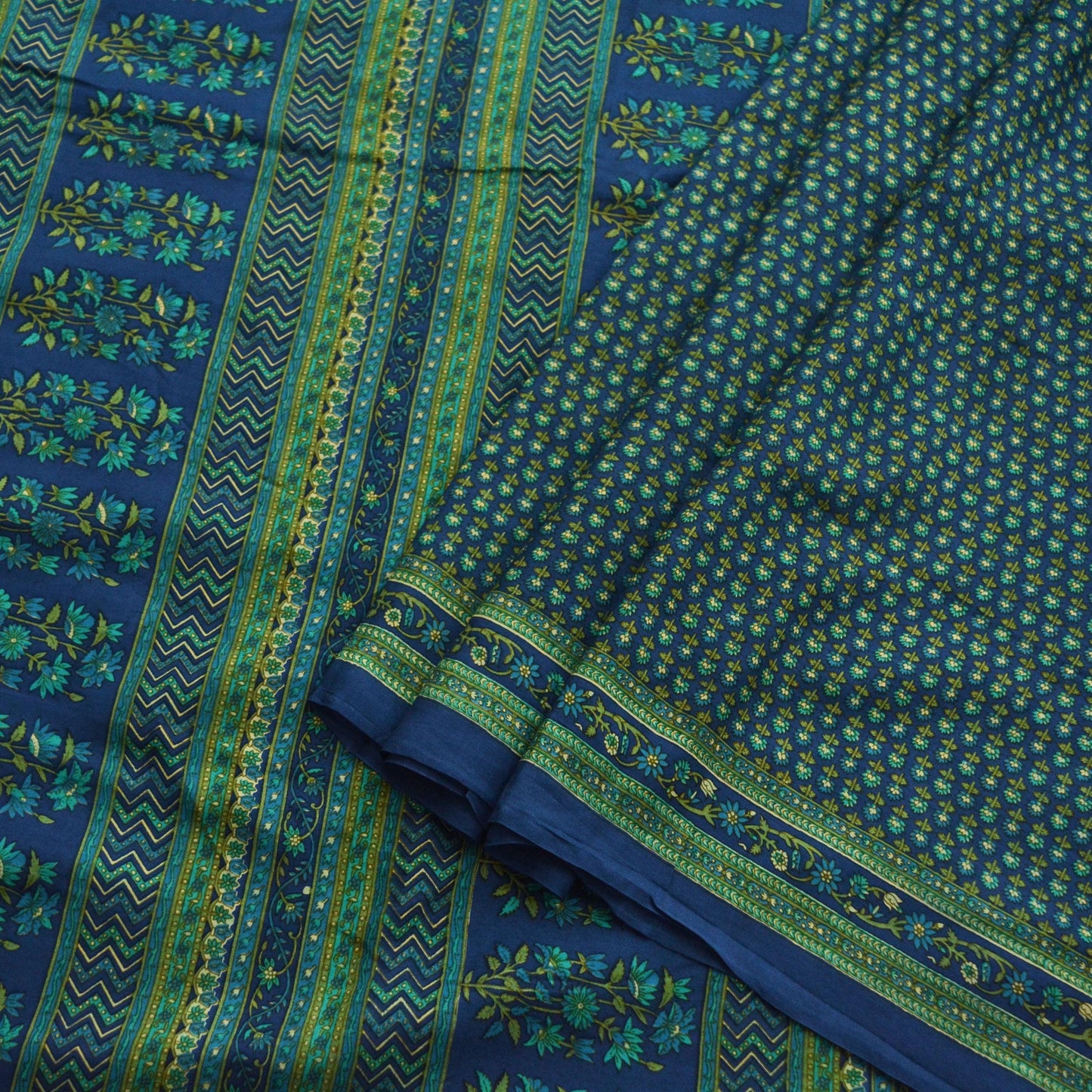 Indian Vintage Sari Blue Pure Silk Printed Saree 5yd Sewing Craft Fabric DressMaking Soft Wrap Floral Quilting Used