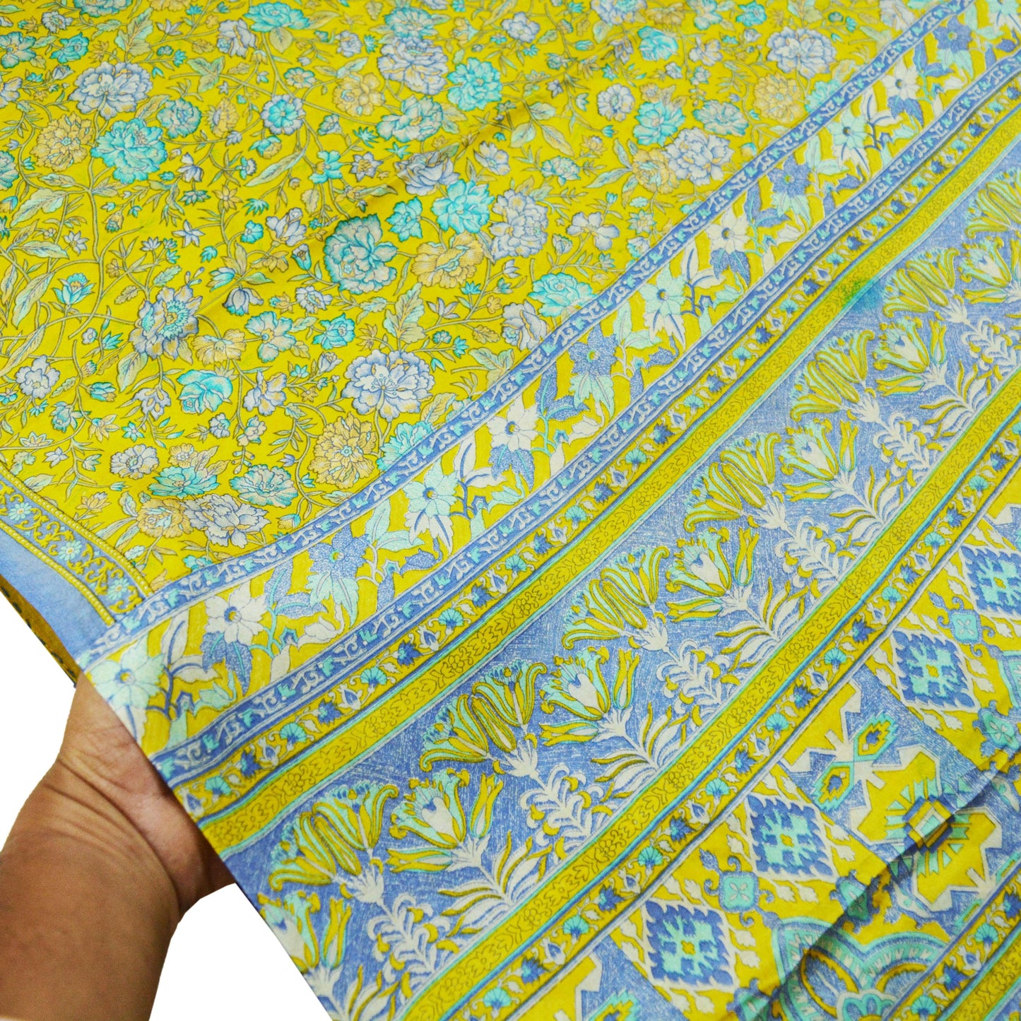 Indian Vintage Sari Yellow 100% Pure Silk Printed Saree 5yd Sewing Craft Fabric DressMaking Soft Wrap Floral Quilting Used