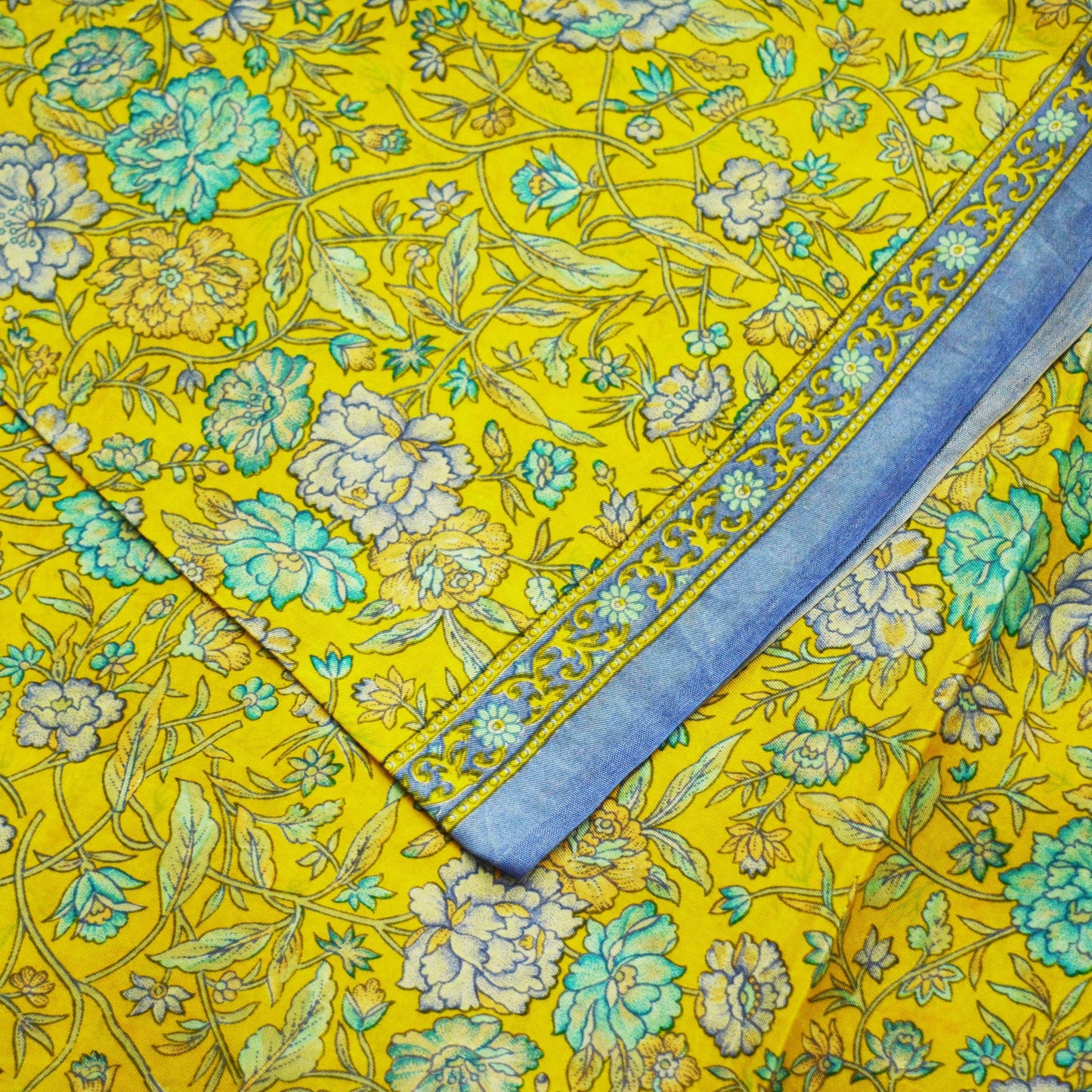 Indian Vintage Sari Yellow 100% Pure Silk Printed Saree 5yd Sewing Craft Fabric DressMaking Soft Wrap Floral Quilting Used