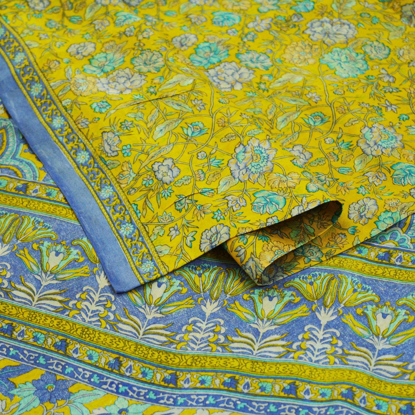 Indian Vintage Sari Yellow 100% Pure Silk Printed Saree 5yd Sewing Craft Fabric DressMaking Soft Wrap Floral Quilting Used