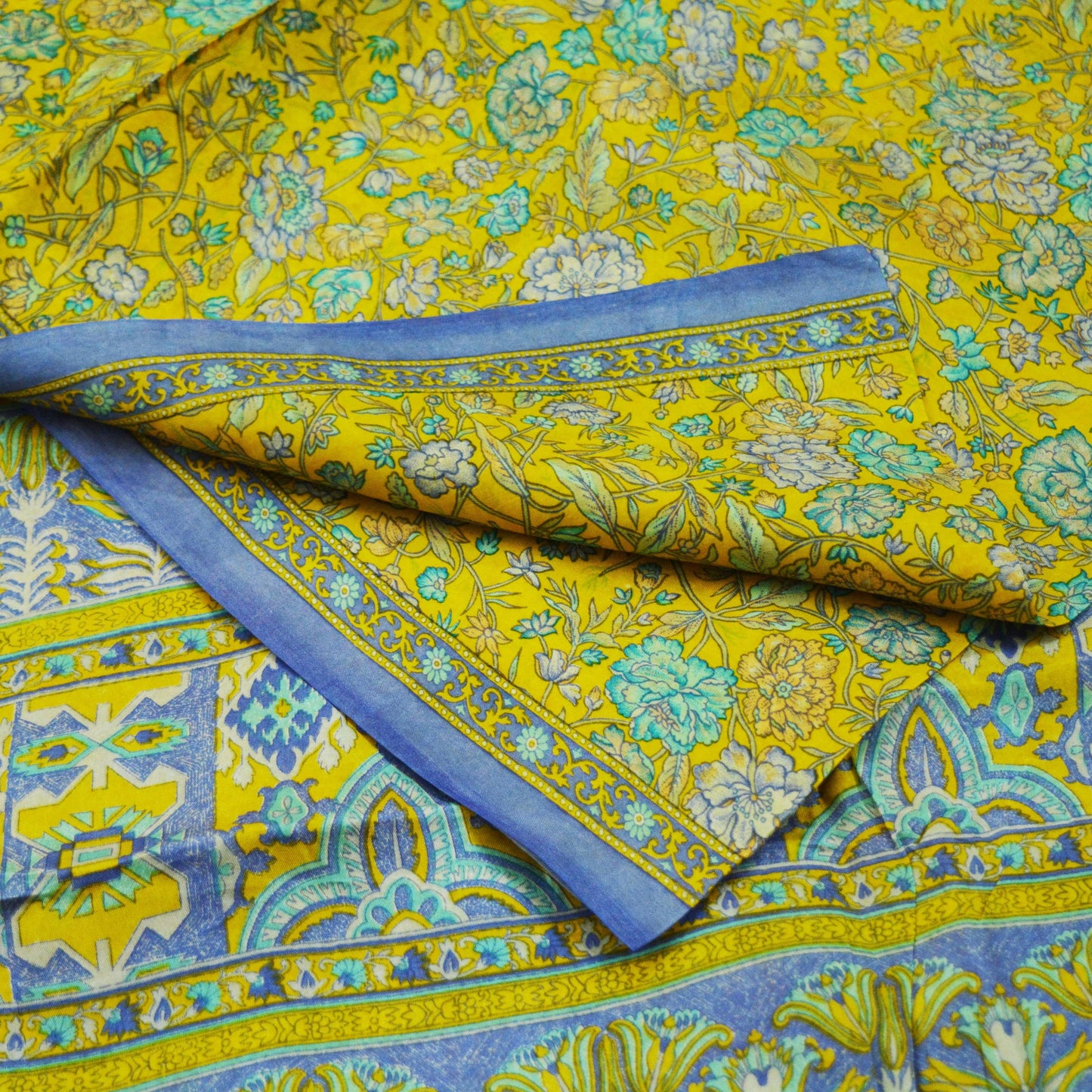 Indian Vintage Sari Yellow 100% Pure Silk Printed Saree 5yd Sewing Craft Fabric DressMaking Soft Wrap Floral Quilting Used