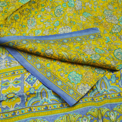 Indian Vintage Sari Yellow 100% Pure Silk Printed Saree 5yd Sewing Craft Fabric DressMaking Soft Wrap Floral Quilting Used