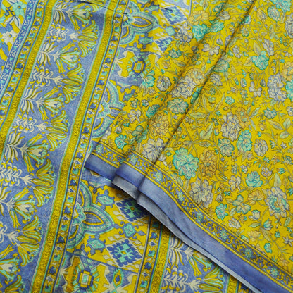 Indian Vintage Sari Yellow 100% Pure Silk Printed Saree 5yd Sewing Craft Fabric DressMaking Soft Wrap Floral Quilting Used