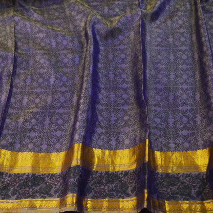 Indian Vintage Sari Purple & Green Pure Silk Printed Saree 5yd Sewing Quilting Craft Fabric DressMaking Soft Zari Used