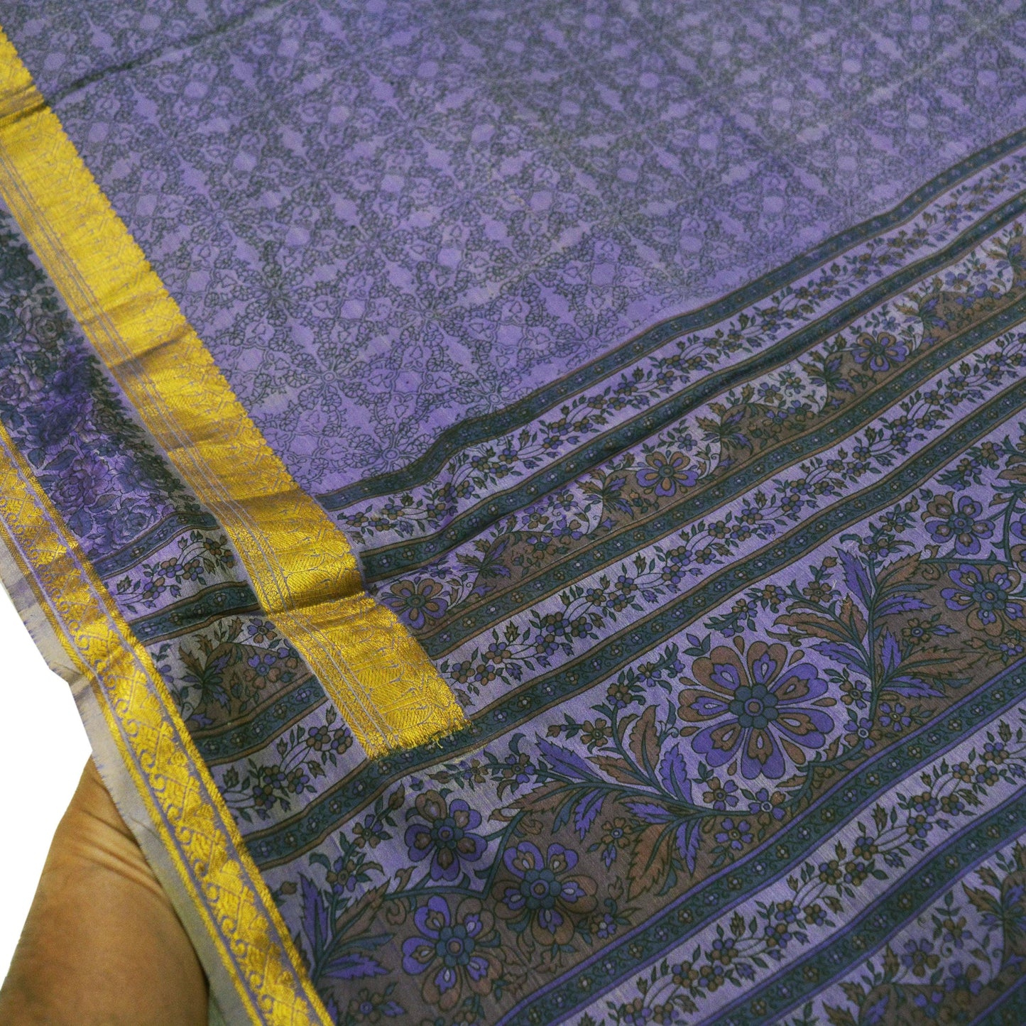 Indian Vintage Sari Purple & Green Pure Silk Printed Saree 5yd Sewing Quilting Craft Fabric DressMaking Soft Zari Used