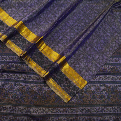 Indian Vintage Sari Purple & Green Pure Silk Printed Saree 5yd Sewing Quilting Craft Fabric DressMaking Soft Zari Used