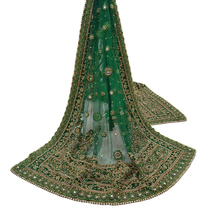 Indian Vintage Heavy Bridal Green Dupatta Net Mesh Long Stole Hand Embroidered Scarf Zardozi Zari Sequins Wedding Stole Veil hijab