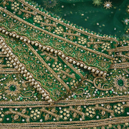 Indian Vintage Heavy Bridal Green Dupatta Net Mesh Long Stole Hand Embroidered Scarf Zardozi Zari Sequins Wedding Stole Veil hijab