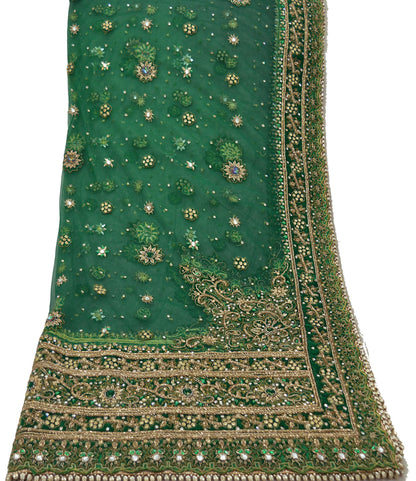 Indian Vintage Heavy Bridal Green Dupatta Net Mesh Long Stole Hand Embroidered Scarf Zardozi Zari Sequins Wedding Stole Veil hijab