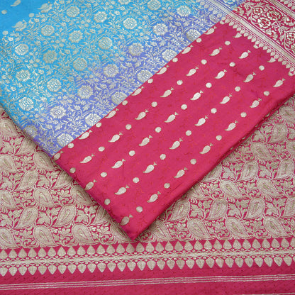 Indian Vintage Heavy Sari Pink & Blue Pure Satin Silk Woven Brocade Banarasi Sarees Zari 5Yd Ethnic Craft Fabric Dress Making Upcycle