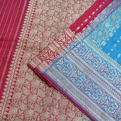 Indian Vintage Heavy Sari Pink & Blue Pure Satin Silk Woven Brocade Banarasi Sarees Zari 5Yd Ethnic Craft Fabric Dress Making Upcycle