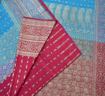 Indian Vintage Heavy Sari Pink & Blue Pure Satin Silk Woven Brocade Banarasi Sarees Zari 5Yd Ethnic Craft Fabric Dress Making Upcycle