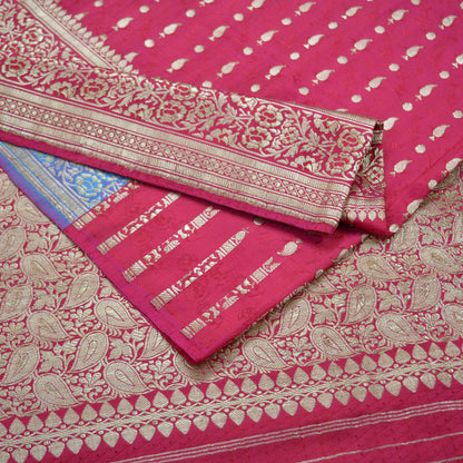 Indian Vintage Heavy Sari Pink & Blue Pure Satin Silk Woven Brocade Banarasi Sarees Zari 5Yd Ethnic Craft Fabric Dress Making Upcycle