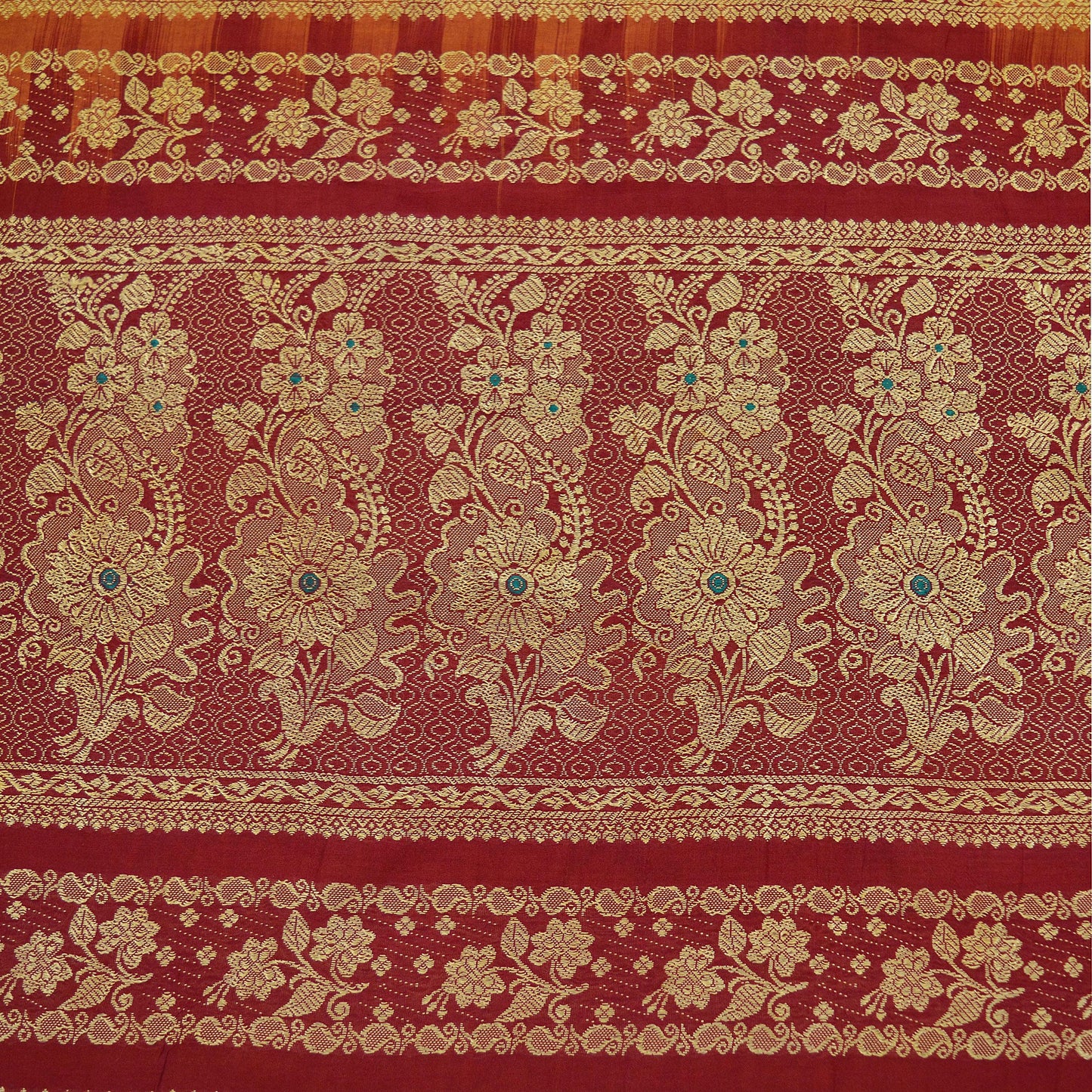 Indian Vintage Sari Saffron & Maroon Pure Cotton Hand Woven Saree 5yd Craft Fabric Ethnic Soft Floral Dress Making Crafting Quilting Upcycle