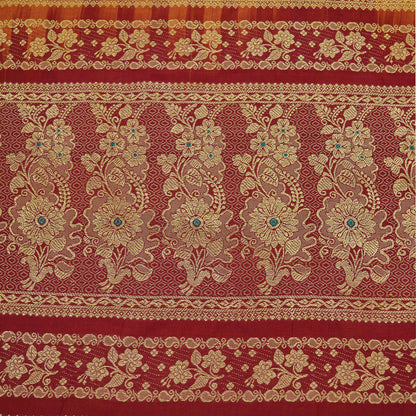 Indian Vintage Sari Saffron & Maroon Pure Cotton Hand Woven Saree 5yd Craft Fabric Ethnic Soft Floral Dress Making Crafting Quilting Upcycle