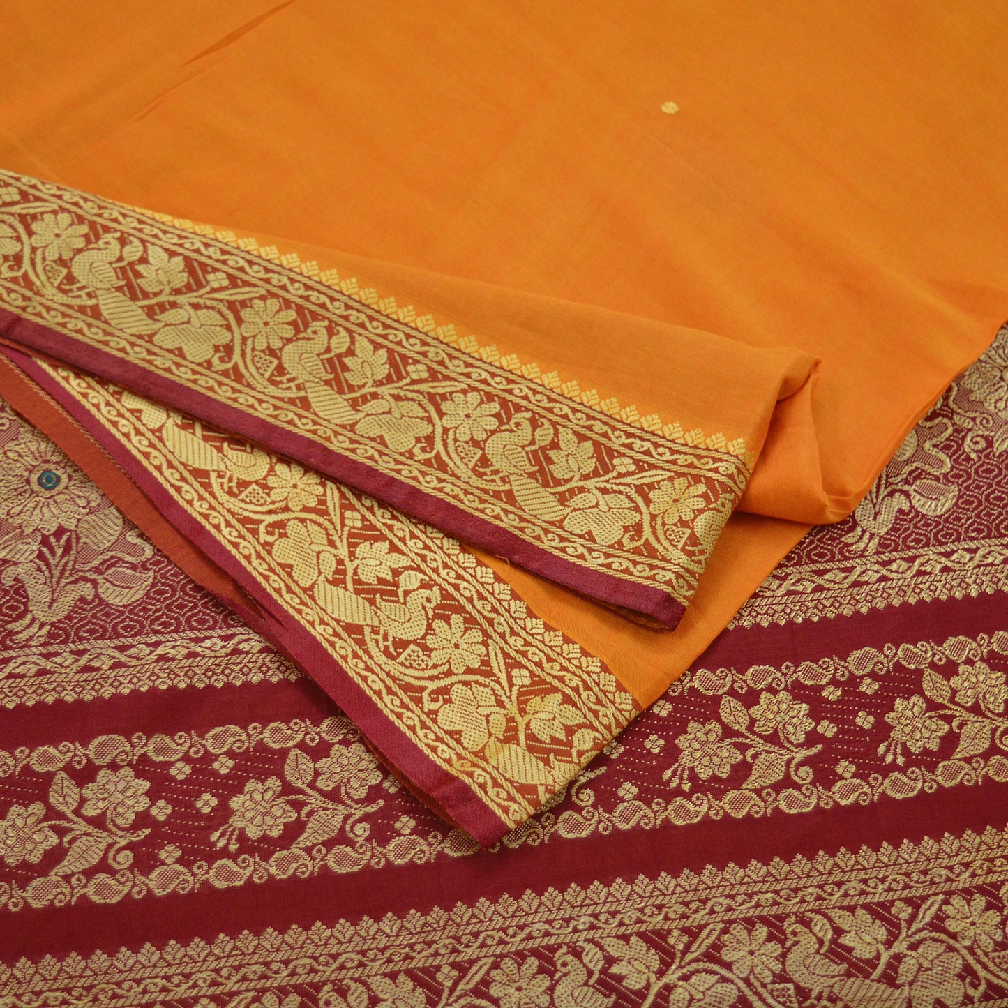 Indian Vintage Sari Saffron & Maroon Pure Cotton Hand Woven Saree 5yd Craft Fabric Ethnic Soft Floral Dress Making Crafting Quilting Upcycle