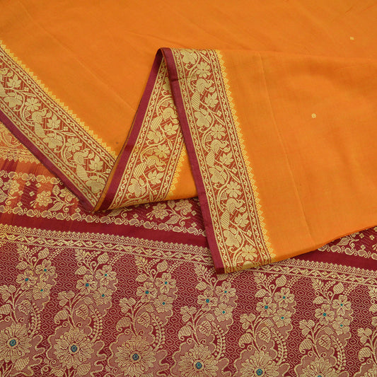 Indian Vintage Sari Saffron & Maroon Pure Cotton Hand Woven Saree 5yd Craft Fabric Ethnic Soft Floral Dress Making Crafting Quilting Upcycle