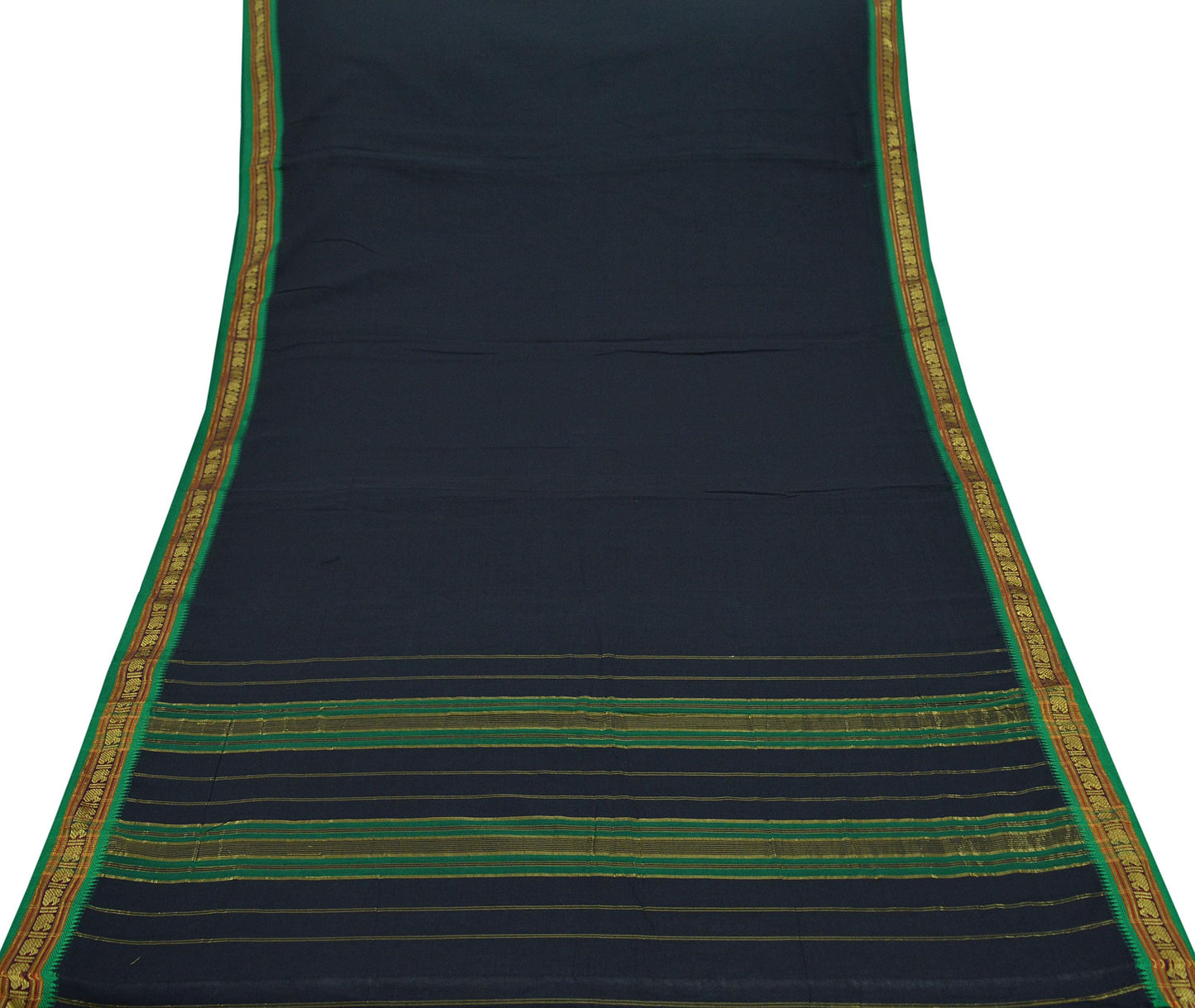 Vintage Sari Black Pure Cotton Hand Woven Sarees 5Yd Craft Fabric Soft Floral Golden Zari Dress Making Crafting Upcycle Quilting Used