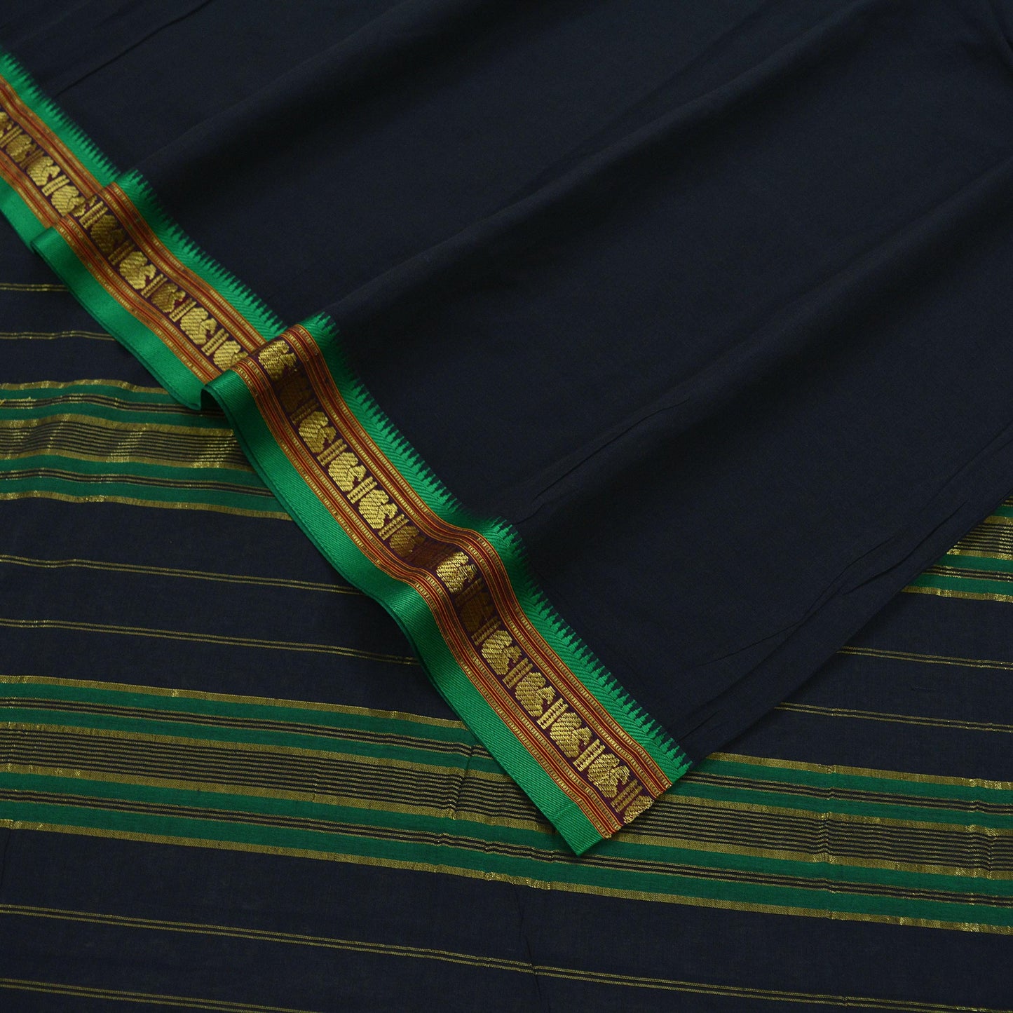 Vintage Sari Black Pure Cotton Hand Woven Sarees 5Yd Craft Fabric Soft Floral Golden Zari Dress Making Crafting Upcycle Quilting Used