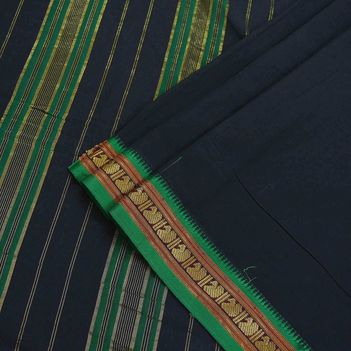 Vintage Sari Black Pure Cotton Hand Woven Sarees 5Yd Craft Fabric Soft Floral Golden Zari Dress Making Crafting Upcycle Quilting Used
