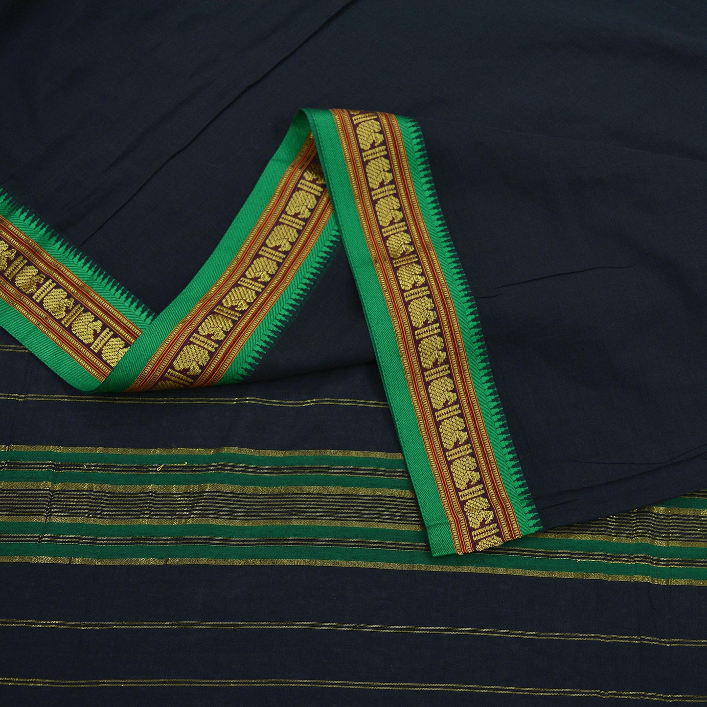 Vintage Sari Black Pure Cotton Hand Woven Sarees 5Yd Craft Fabric Soft Floral Golden Zari Dress Making Crafting Upcycle Quilting Used