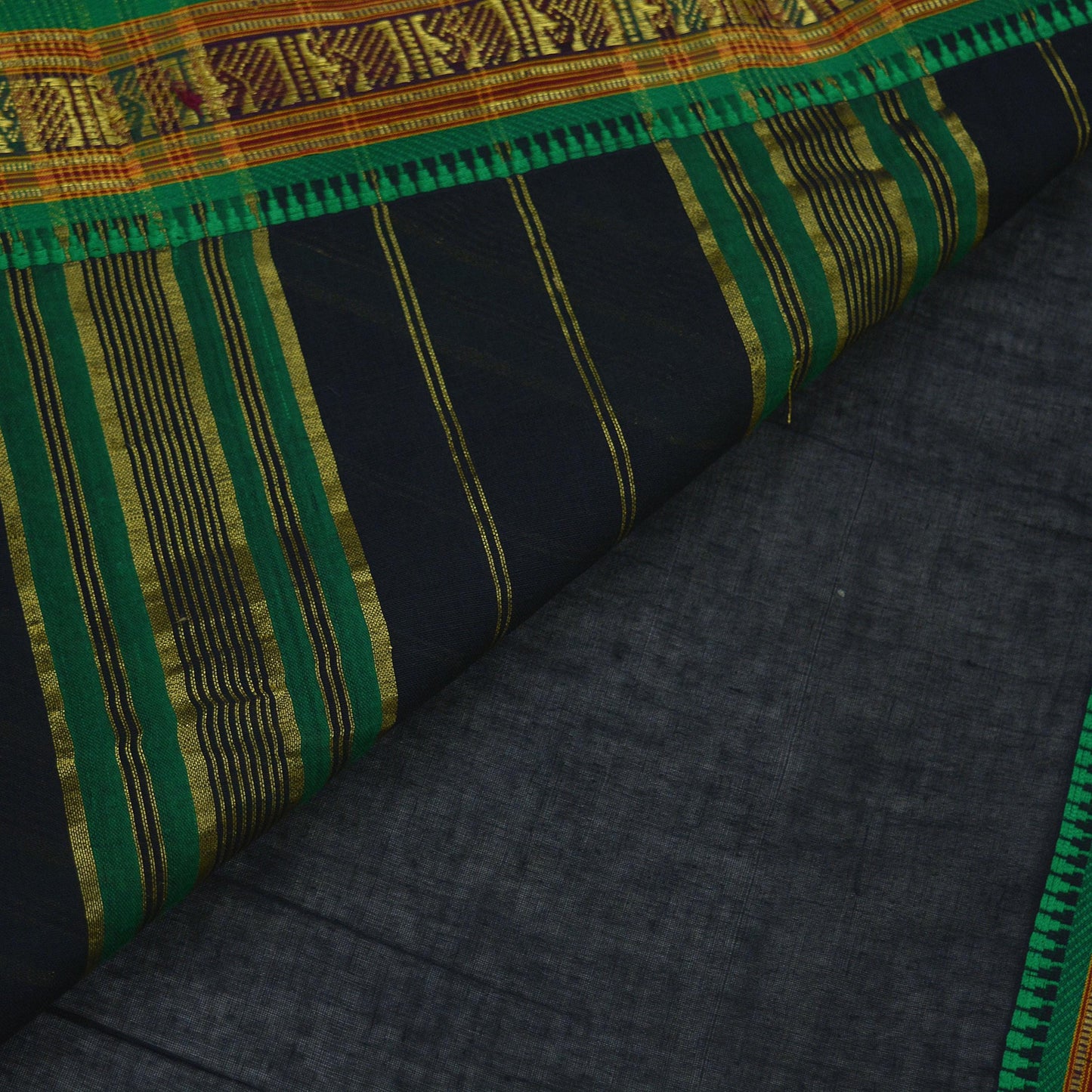 Vintage Sari Black Pure Cotton Hand Woven Sarees 5Yd Craft Fabric Soft Floral Golden Zari Dress Making Crafting Upcycle Quilting Used