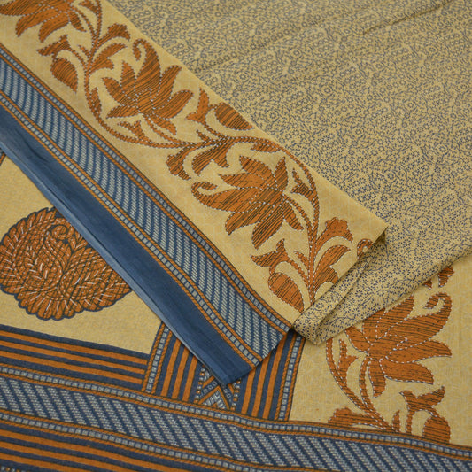 Indian Vintage Sari Blue & Beige Printed Saree 100% Pure Cotton Craft Fabric 5Yd Soft Sewing Sarong Wrap Floral Upcycle Crafting Quilting
