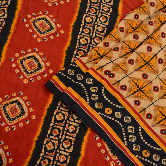 Indian Vintage Sari Red & Beige Printed Saree 100% Pure Cotton Craft Fabric 5Yd Soft Sewing Sarong Wrap Floral Upcycle Crafting Quilting