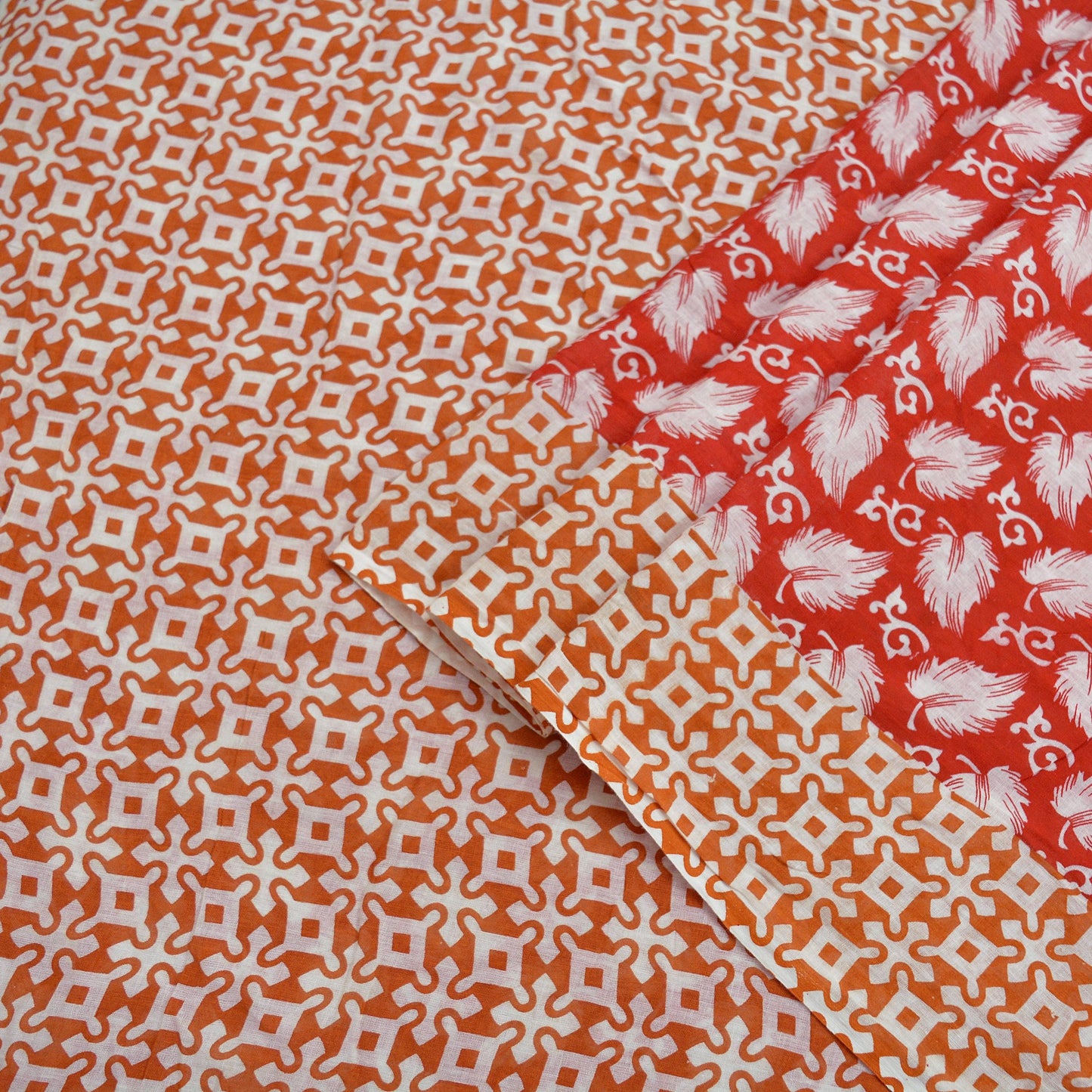 Indian Vintage Saffron & Red Saree Printed Pure Cotton Indian Sari Craft Fabric Soft 5Yd Sewing Sarong Wrap Boho Floral Quilting Crafting