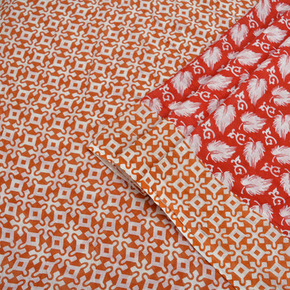 Indian Vintage Saffron & Red Saree Printed Pure Cotton Indian Sari Craft Fabric Soft 5Yd Sewing Sarong Wrap Boho Floral Quilting Crafting