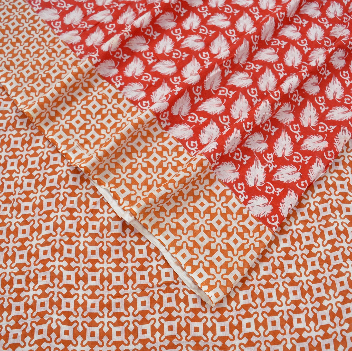 Indian Vintage Saffron & Red Saree Printed Pure Cotton Indian Sari Craft Fabric Soft 5Yd Sewing Sarong Wrap Boho Floral Quilting Crafting