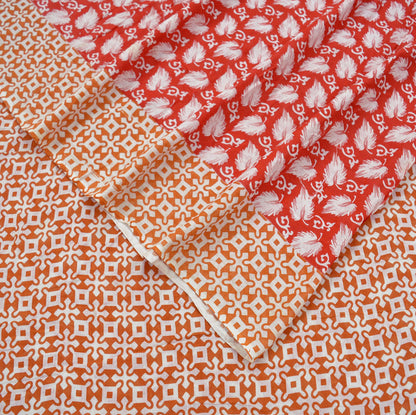 Indian Vintage Saffron & Red Saree Printed Pure Cotton Indian Sari Craft Fabric Soft 5Yd Sewing Sarong Wrap Boho Floral Quilting Crafting