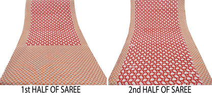 Indian Vintage Saffron & Red Saree Printed Pure Cotton Indian Sari Craft Fabric Soft 5Yd Sewing Sarong Wrap Boho Floral Quilting Crafting