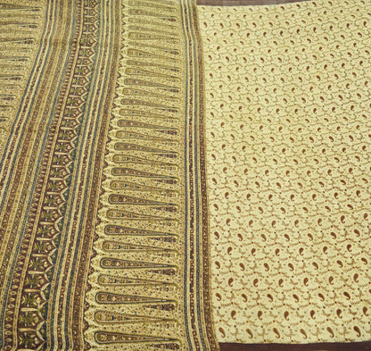 Indian Vintage Sari Brown & Beige Pure Silk Printed Sarees Craft Fabric 6yd Sewing Dress Making Soft Paisley Upcycle Crafting Quilting